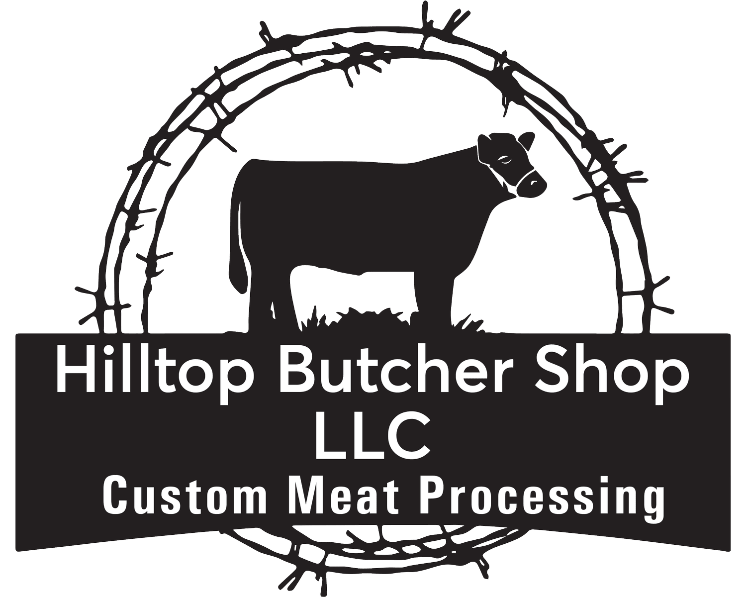 Hilltop+Butcher+Shop+LLC+-+Logo Logo of Hilltop Butcher Shop LLC featuring a silhouette of a cow surrounded by barbed wire, emphasizing custom meat processing services.